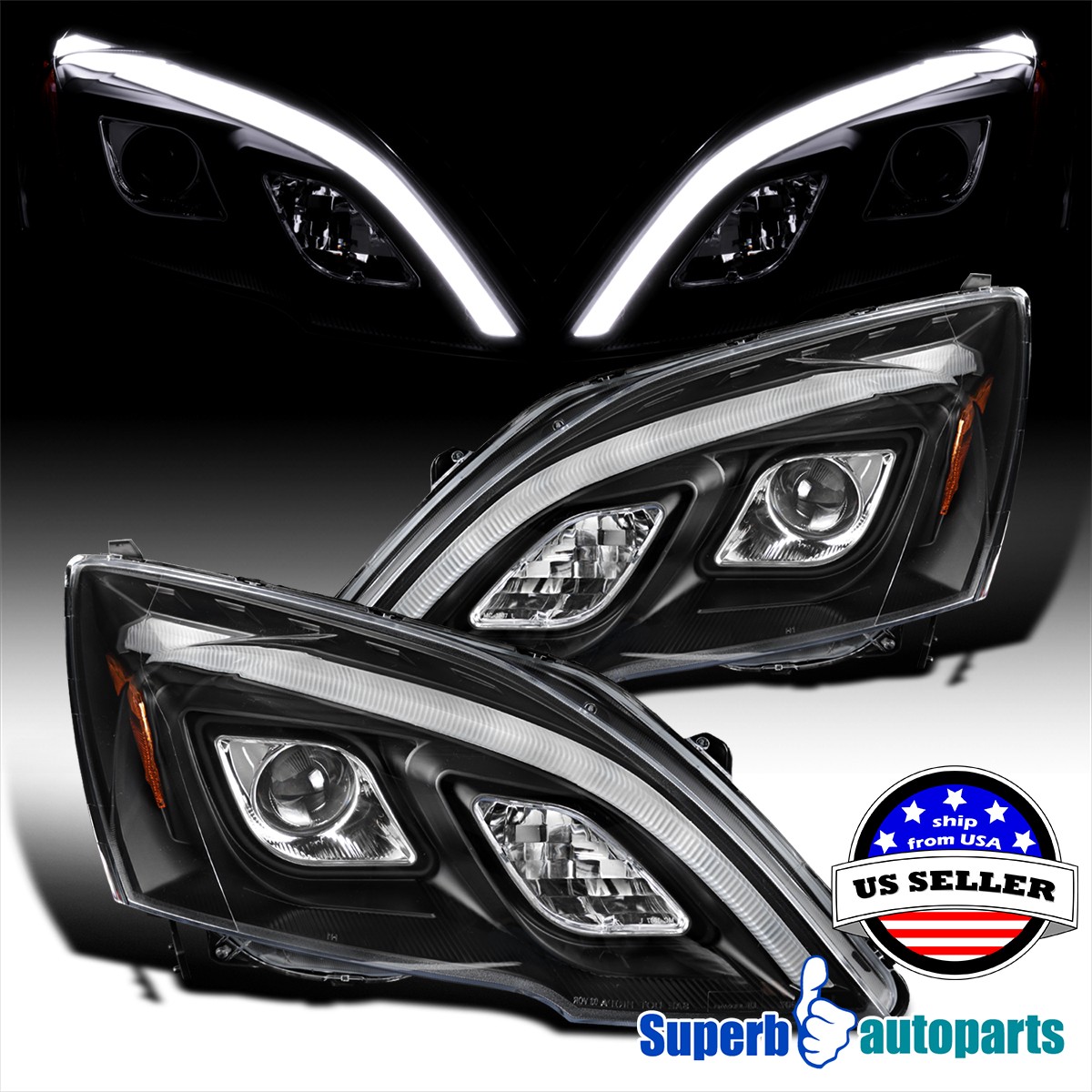 For 2007-2011 Honda CRV CR-V Black Projector Headlights LED Strip Lamps 07-11