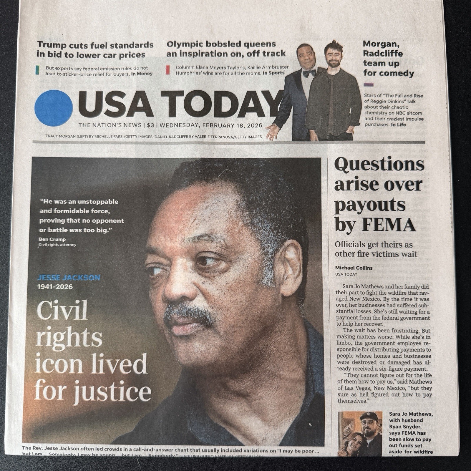 USA Today News Paper JESSE JACKSON February 18 2026 Civil Rights Icon 1941-2026