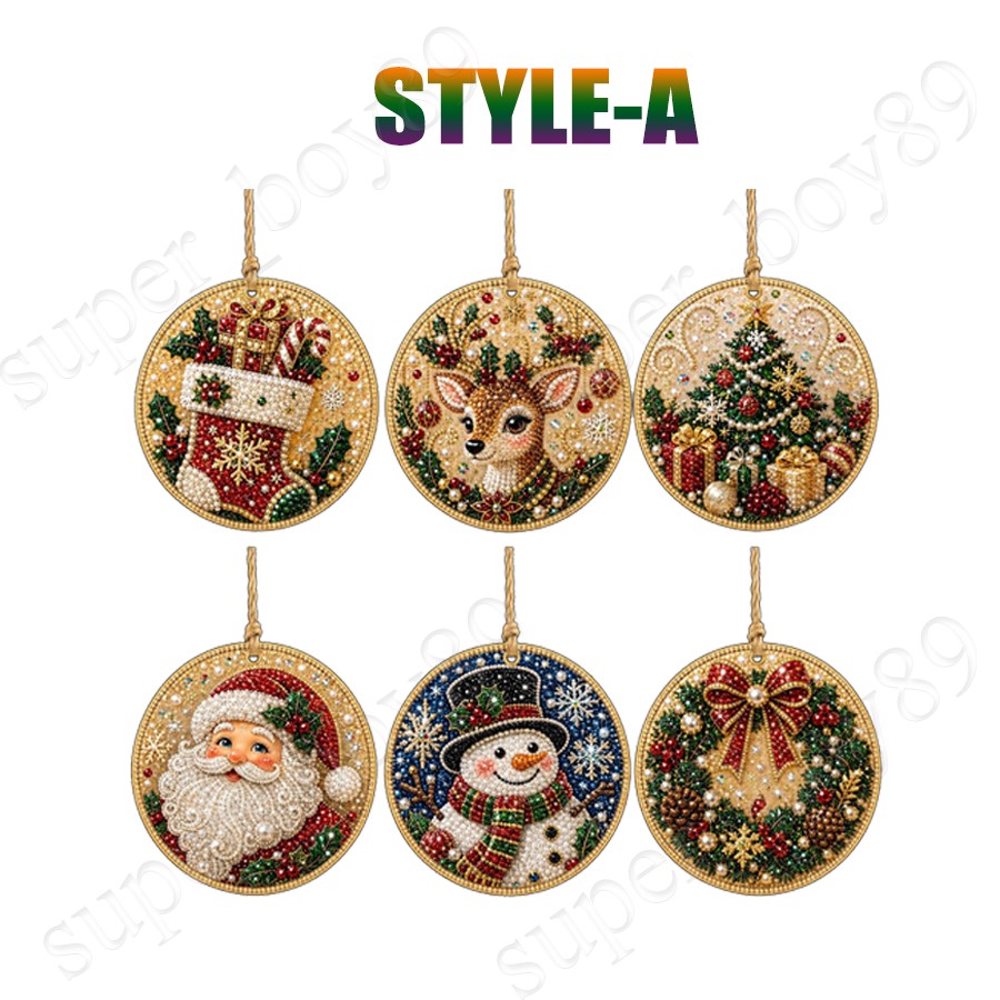 6/12Pcs Wooden Christmas Ornaments DIY Pearl Art Kits Hanging Diamond Art ~NEW