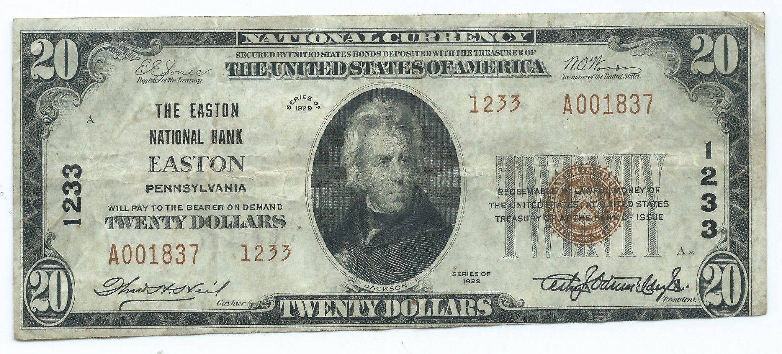 1929 $20 NATIONAL BANKNOTE = THE EASTON NATIONAL BANK - EASTON, PA == TYPE II