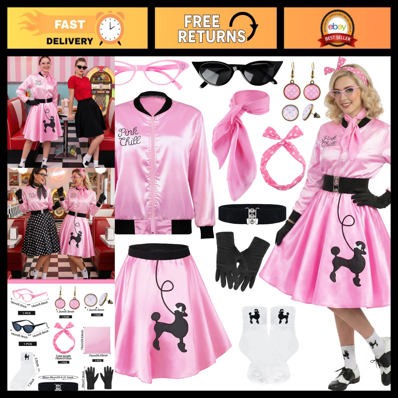 Vintage 1950s Polka Dot Pink Satin Jacket & Skirt Set with Accessories - Retro C