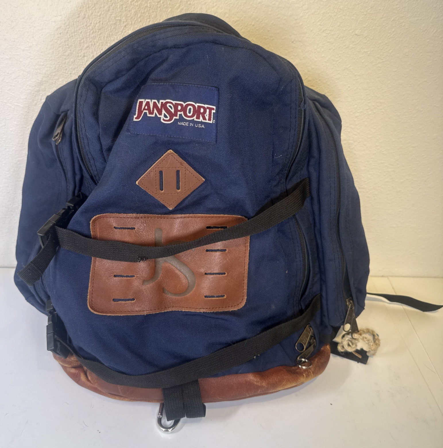 Vintage Jansport USA MADE Super Sack Canvas Leather Backpack Navy Blue 90s