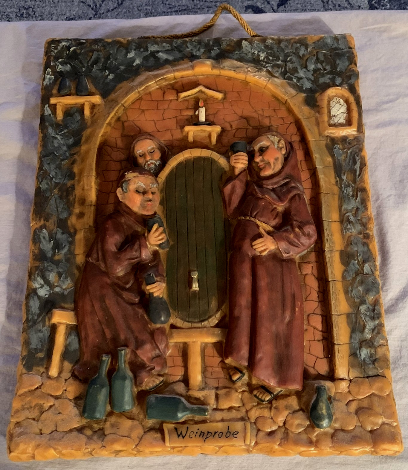 Unique Vintage German Wax Art Wall Plaque Monks Wine Tasting Unique Vintage German Wax Art Wall Plaque Monks Wine Tasting