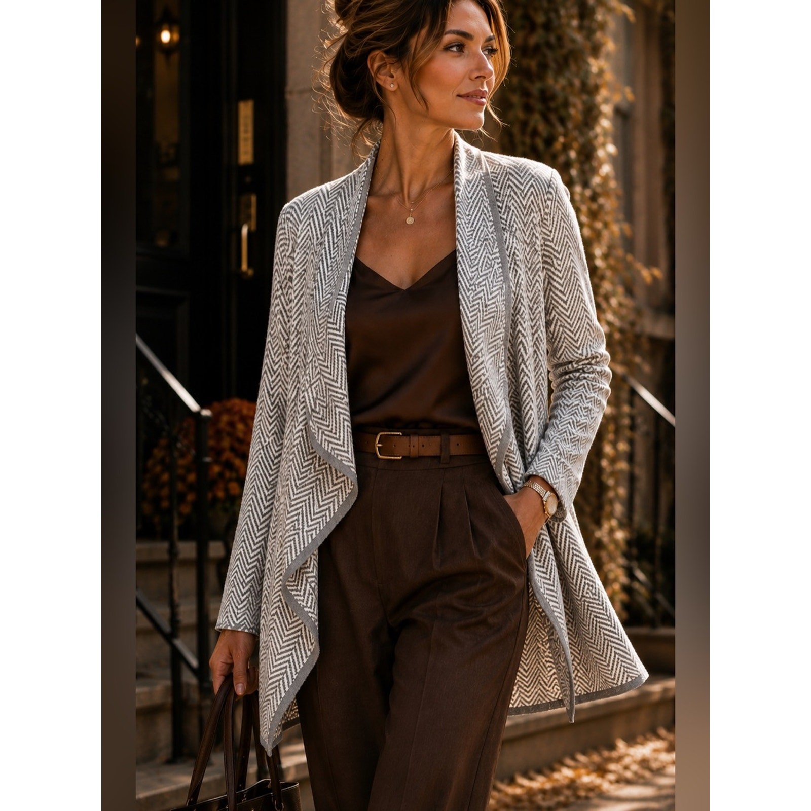 Vince Camuto 100% Cotton Gray White Herringbone Open Front Cardigan L