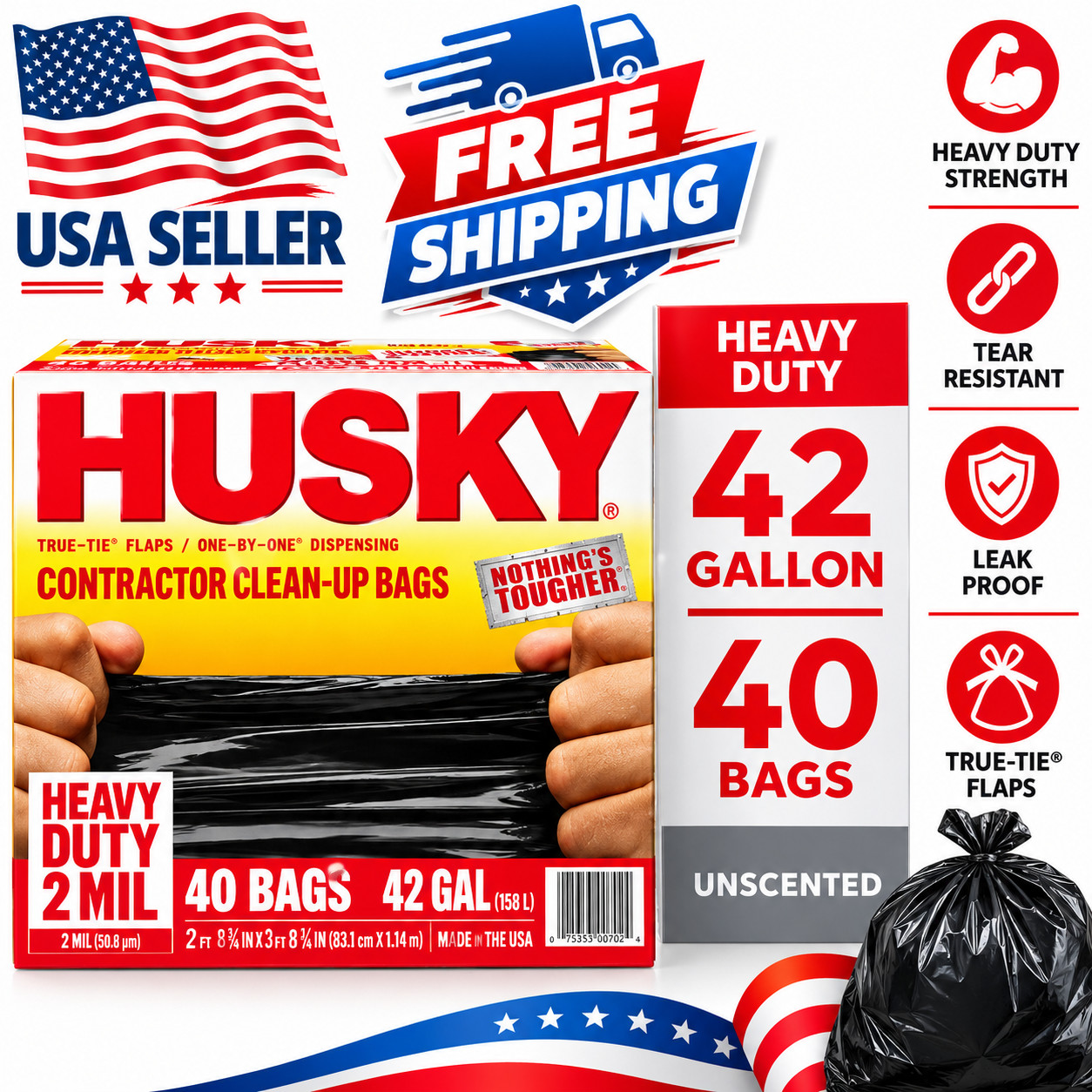 Husky Heavy Duty Contractor Black Bags, 42 Gallon, 40 Bags, 2 Mil (20% PCR) Husky Heavy Duty Contractor Black Bags, 42 Gallon, 40 Bags, 2 Mil (20% PCR)
