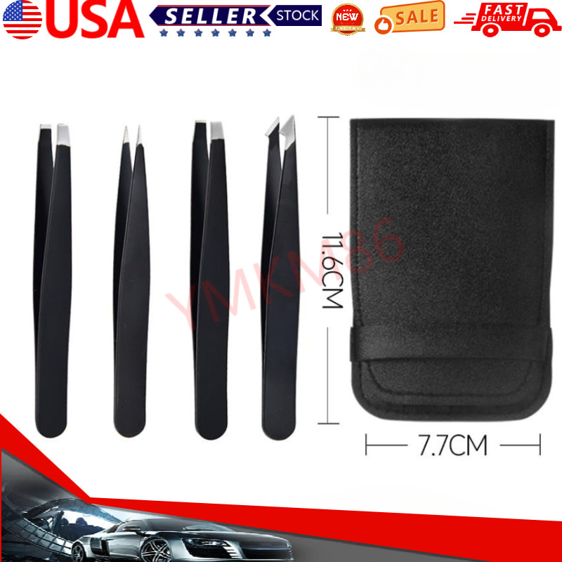 US Tweezers Set 4 Piece Professional Black Plucker Stainless Steel With Case