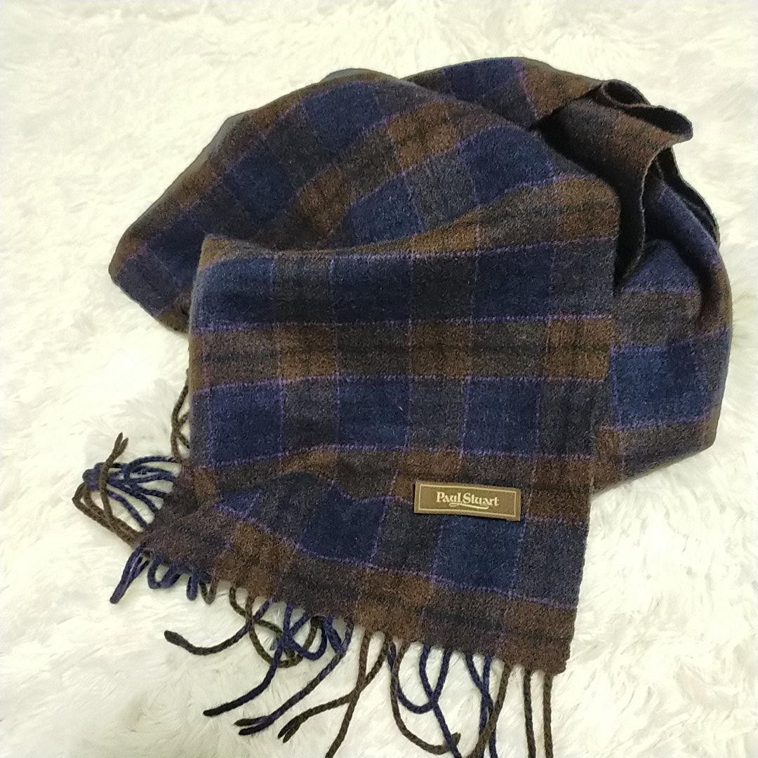 Paul Stuart Scarf Cashmere 100 Navy Brown Check