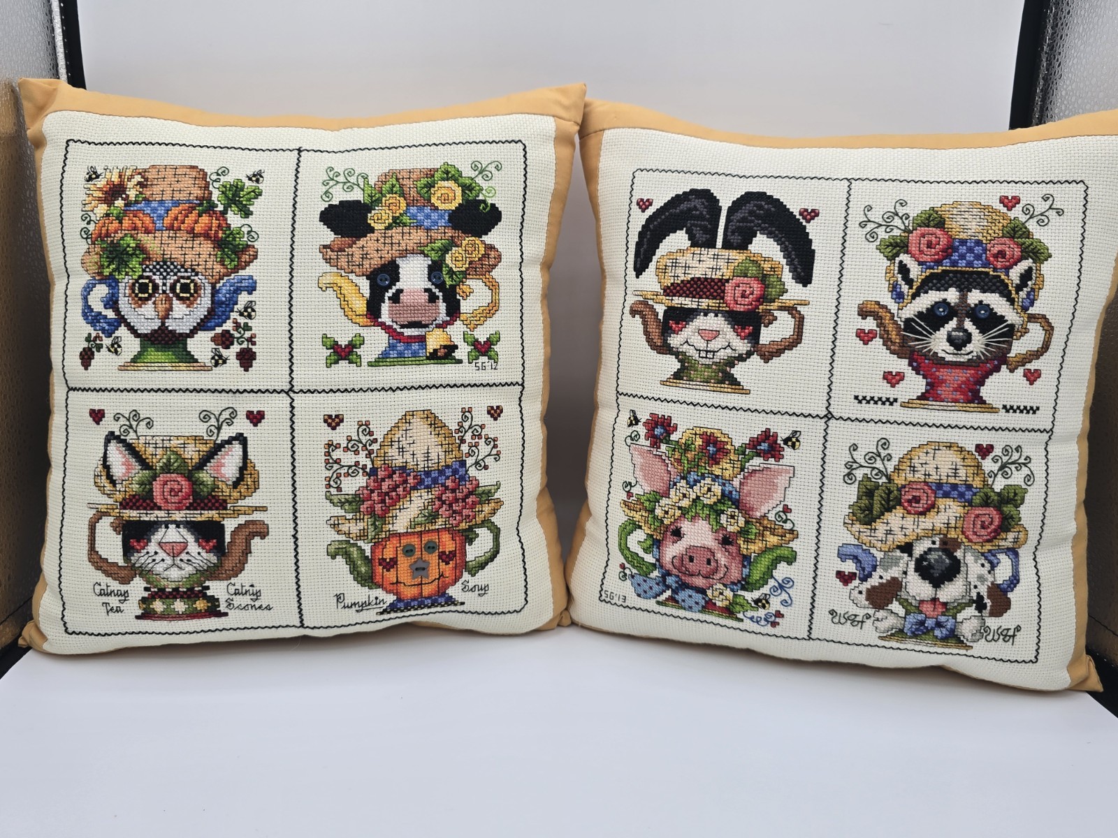 Hand Stitched Counted Cross Stitch Animal Teapot Accent Pillows Set of 2