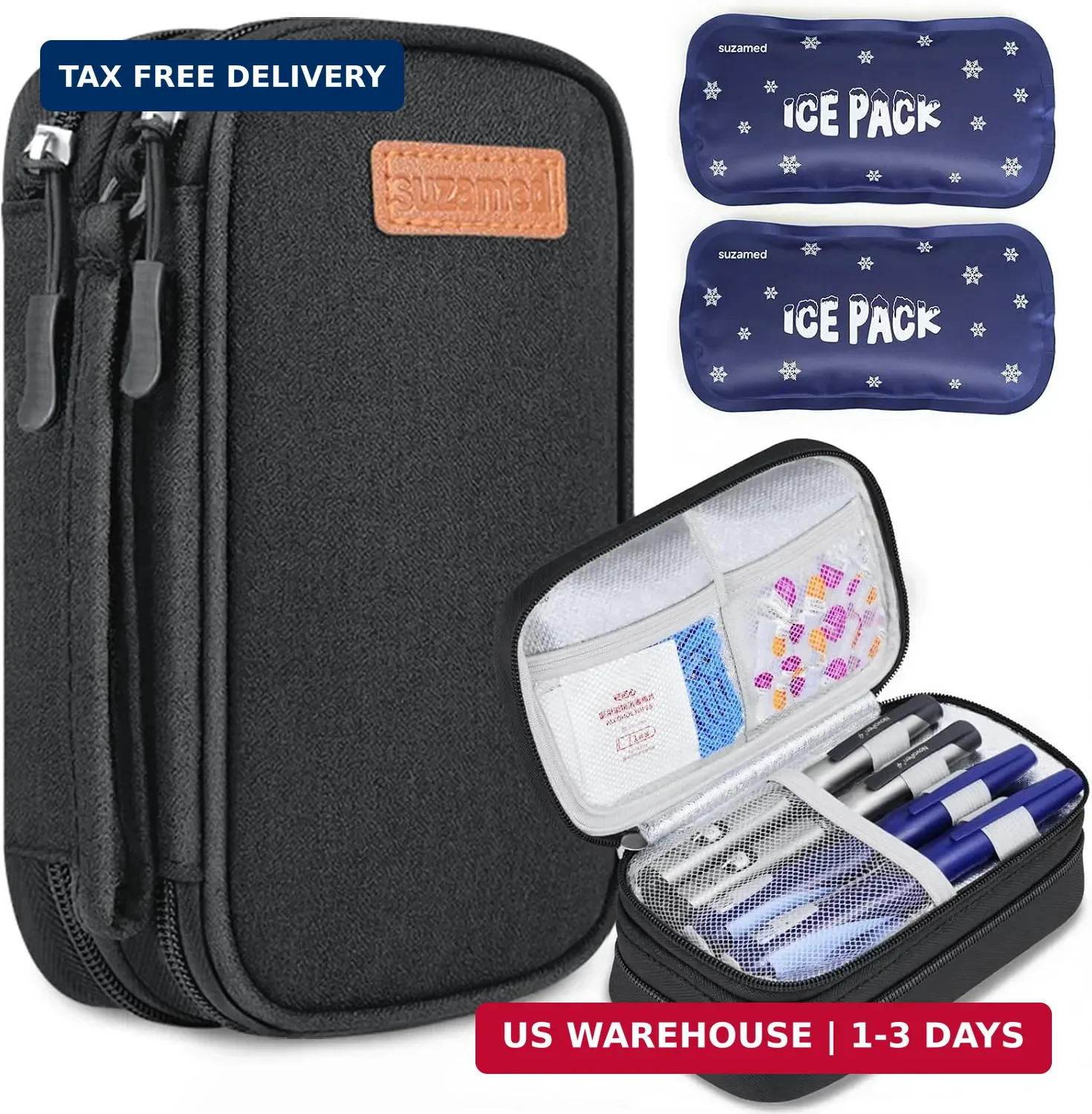 suzamed Double Layer Insulin Cooler Travel Case, Expandable Space, Black