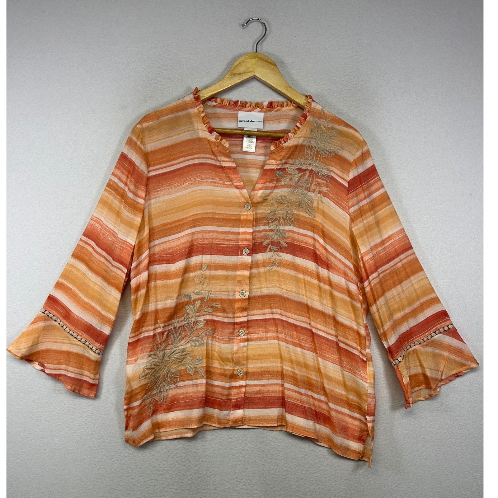 Coastal Boho Alfred Dunner Women M Orange Striped Floral Embroidered Blouse