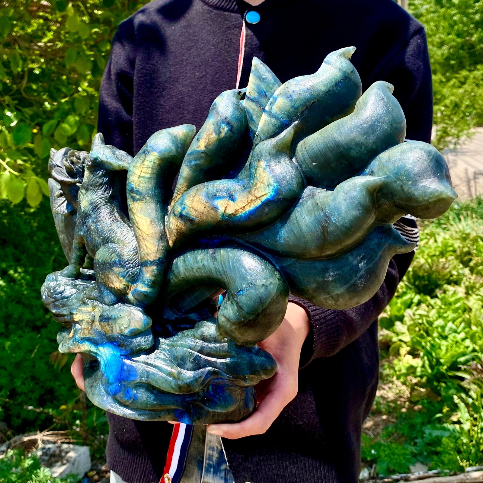 18LB  Hand Carved Labradorite Nine Tailed Fox Gemstone StatueCrystalOrnamentGift