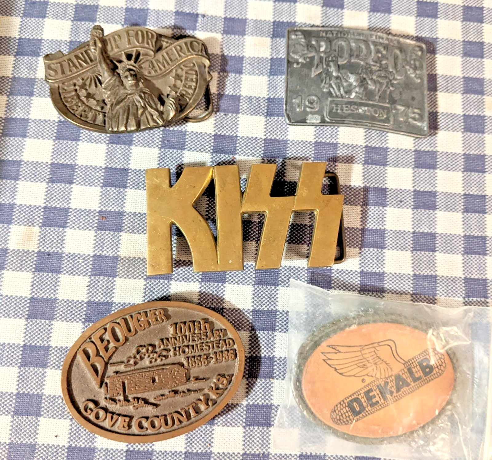 Lot 5 Belt Buckles KISS 1977 Solid Brass, 1975 Hesston Beougher USA Dekalb DIY