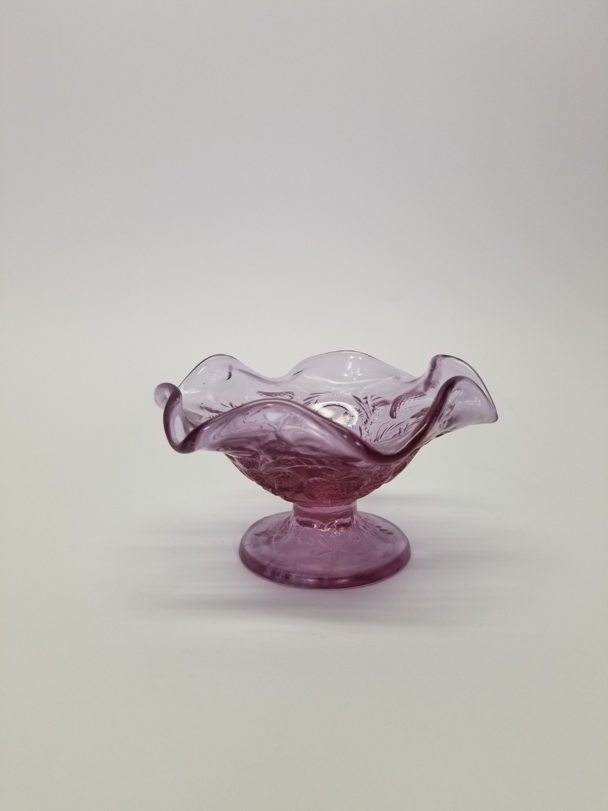 Fenton Strawberry Sherbet Dish Pink Footed Ruffled Crimped Embossed Decor Vtg Fenton Strawberry Sherbet Dish Pink Footed Ruffled Crimped Embossed Decor Vtg