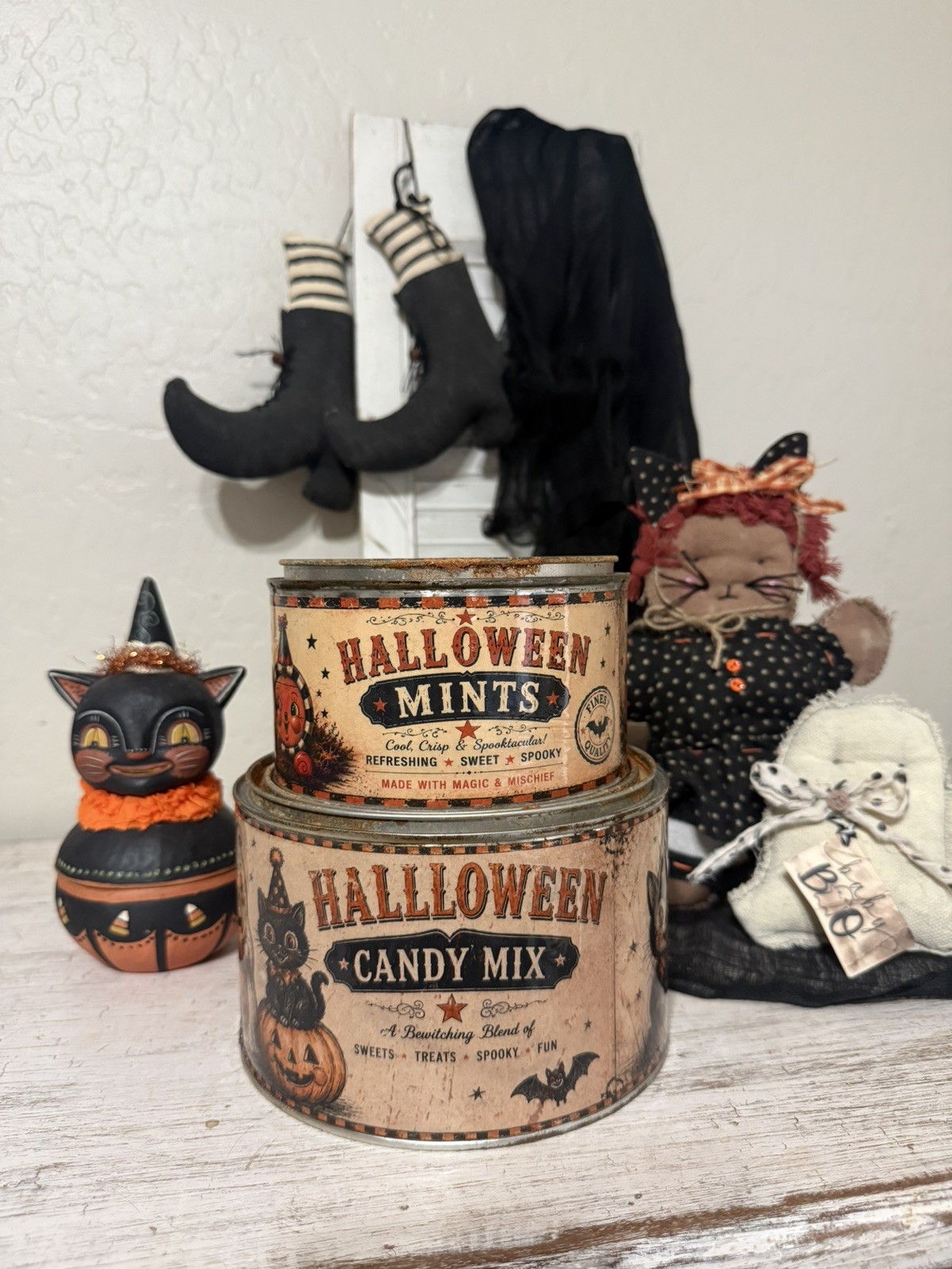 Primitive Halloween Candy & Mints Tin Set – Vintage Style Handmade Decor