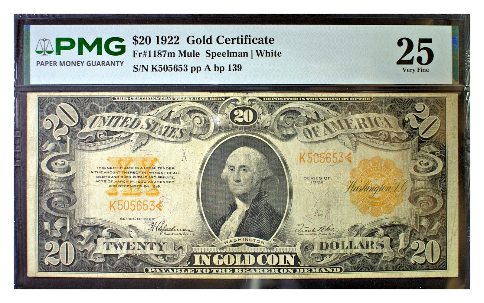 1922 US Gold Certificate $20 FR#1187m Mule PMG 25 Very Fine