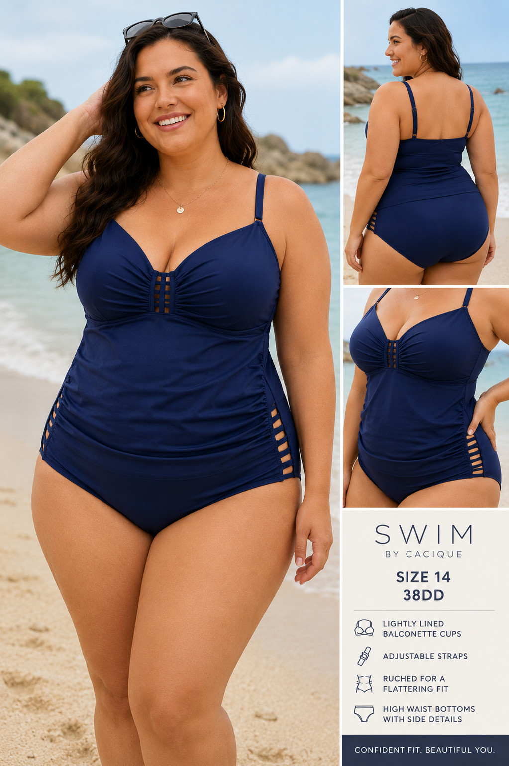 SWIM by Cacique SZ 14 38DD Navy Tankini Swim Set Balconette Ruched NWT Swimsuit