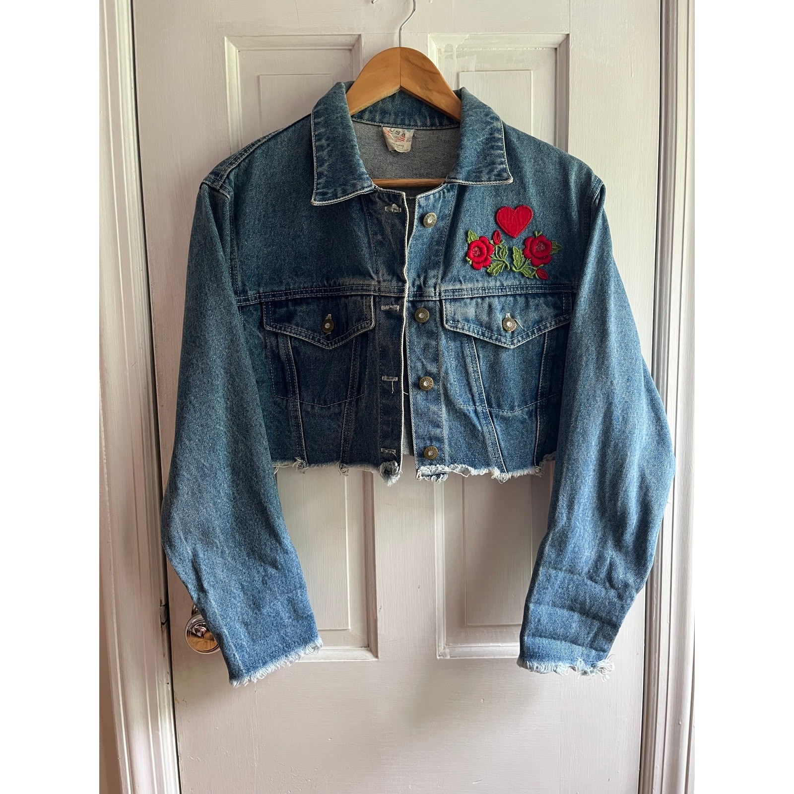 True Vintage 80s Maximum Energy USA Cropped Embroidered Denim Jacket, Size S/M