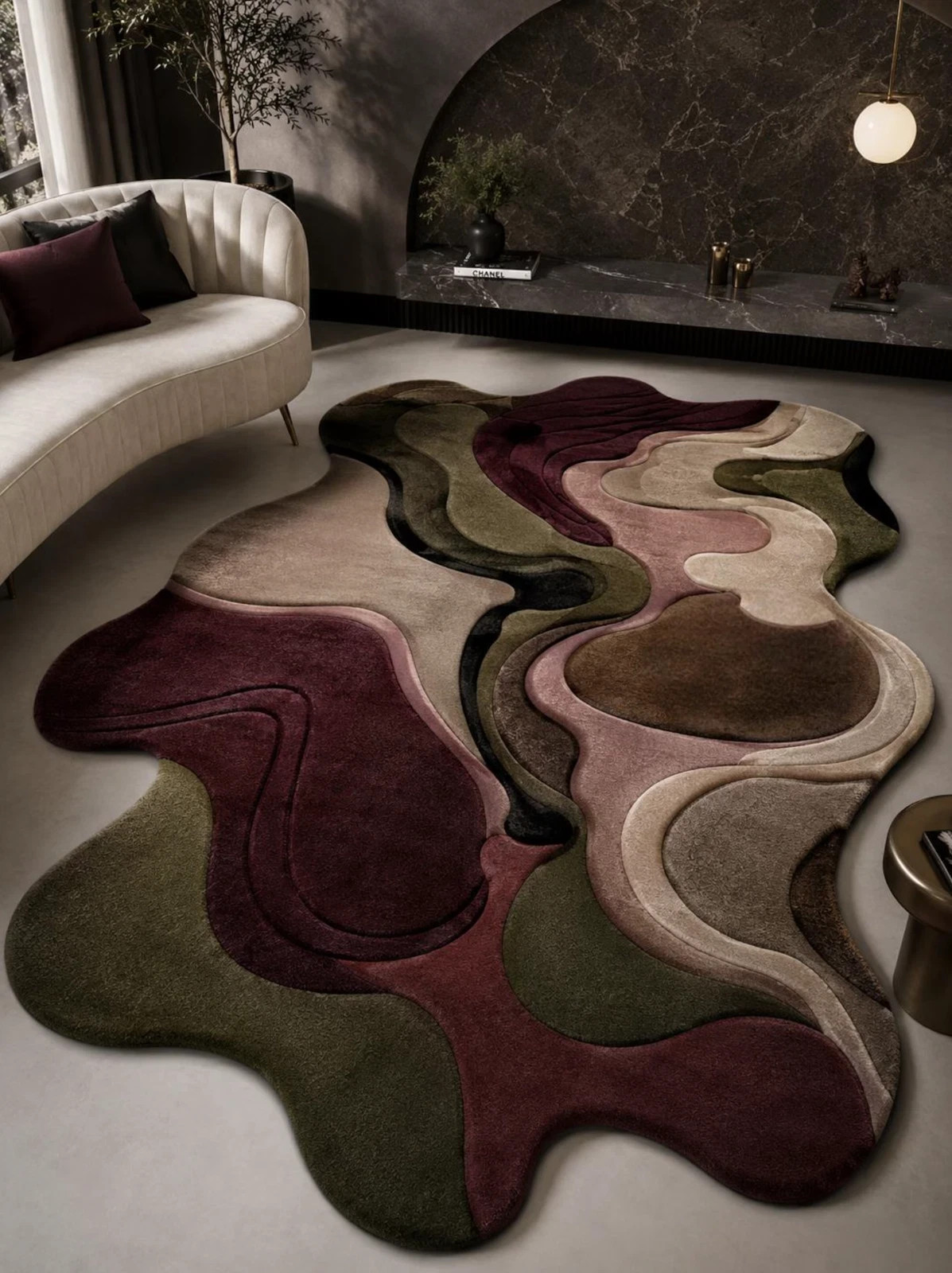 Hand Tufted Wool Area Rug | Burgundy Olive Green Abstract Wavy | Modern Carpet Hand Tufted Wool Area Rug | Burgundy Olive Green Abstract Wavy | Modern Carpet