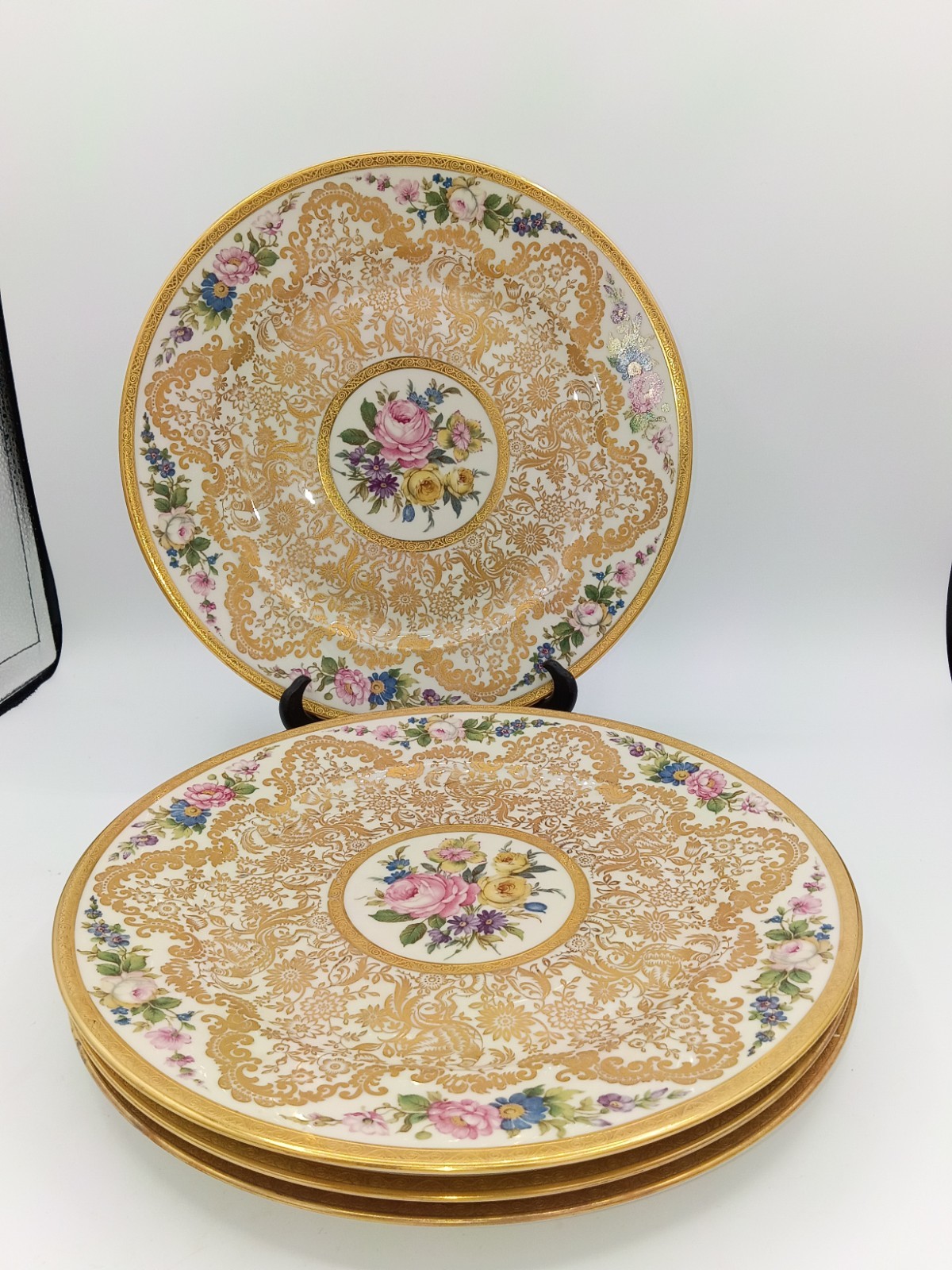 Vintage Rosenthal Ivory Bavaria Dinner Plates Heavy Gold Encrusted Floral Set 4