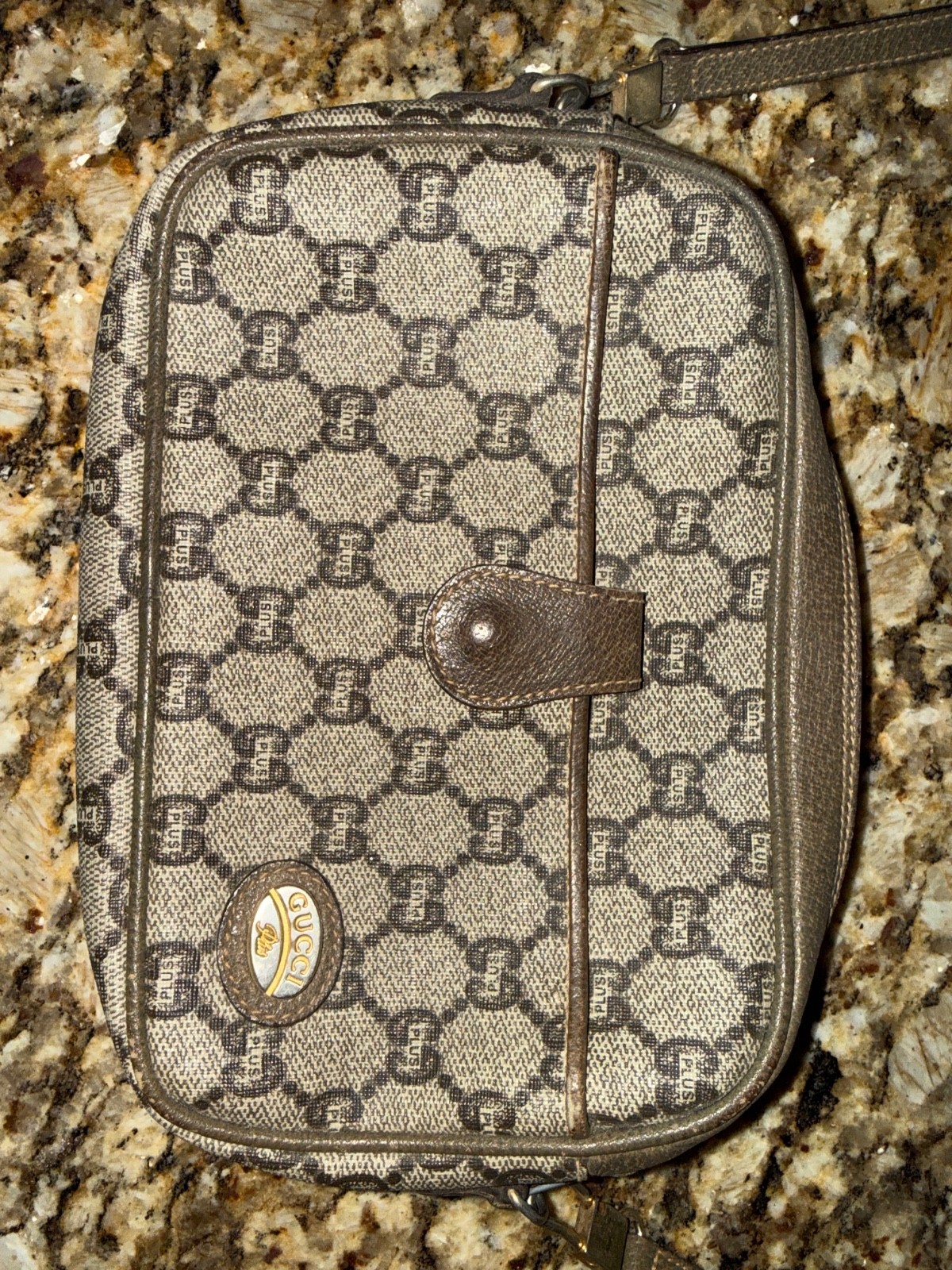 Vintage Gucci Plus Monogram Crossbody Shoulder Bag Brown Leather