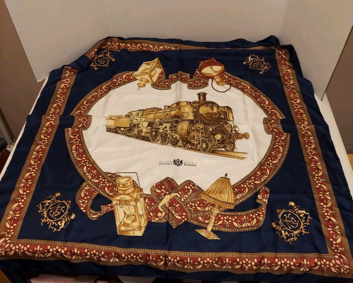 Orient Express Nostalgie Istanbul Silk Scarf Blue Yellow White Train 34x35\ Orient Express Nostalgie Istanbul Silk Scarf Blue Yellow White Train 34x35\
