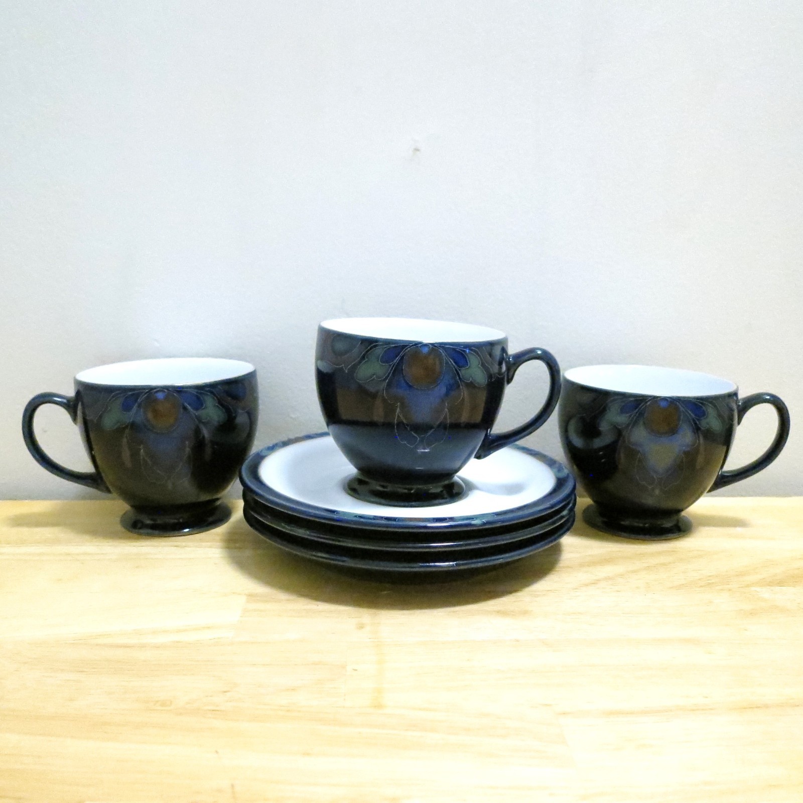 Denby Baroque England Footed X3 Tea Coffee Cups & Saucers Cobalt Blue Flower