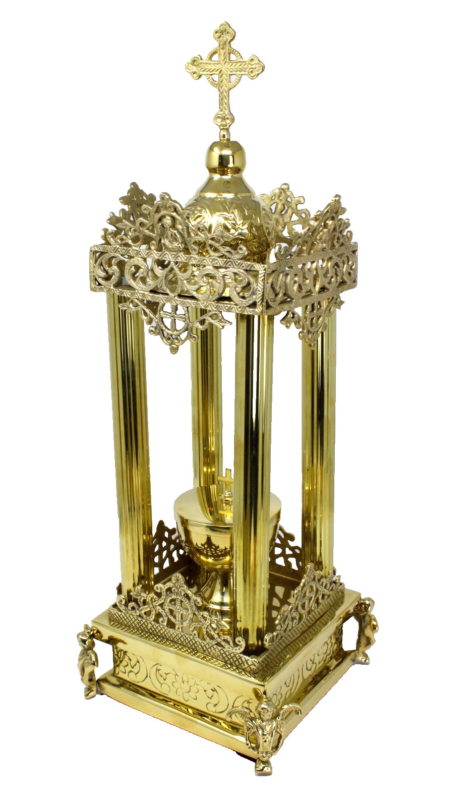 Ornate Gothic Style Brass Tabernacle w/Lidded Ciborium and Cross Details 19.5