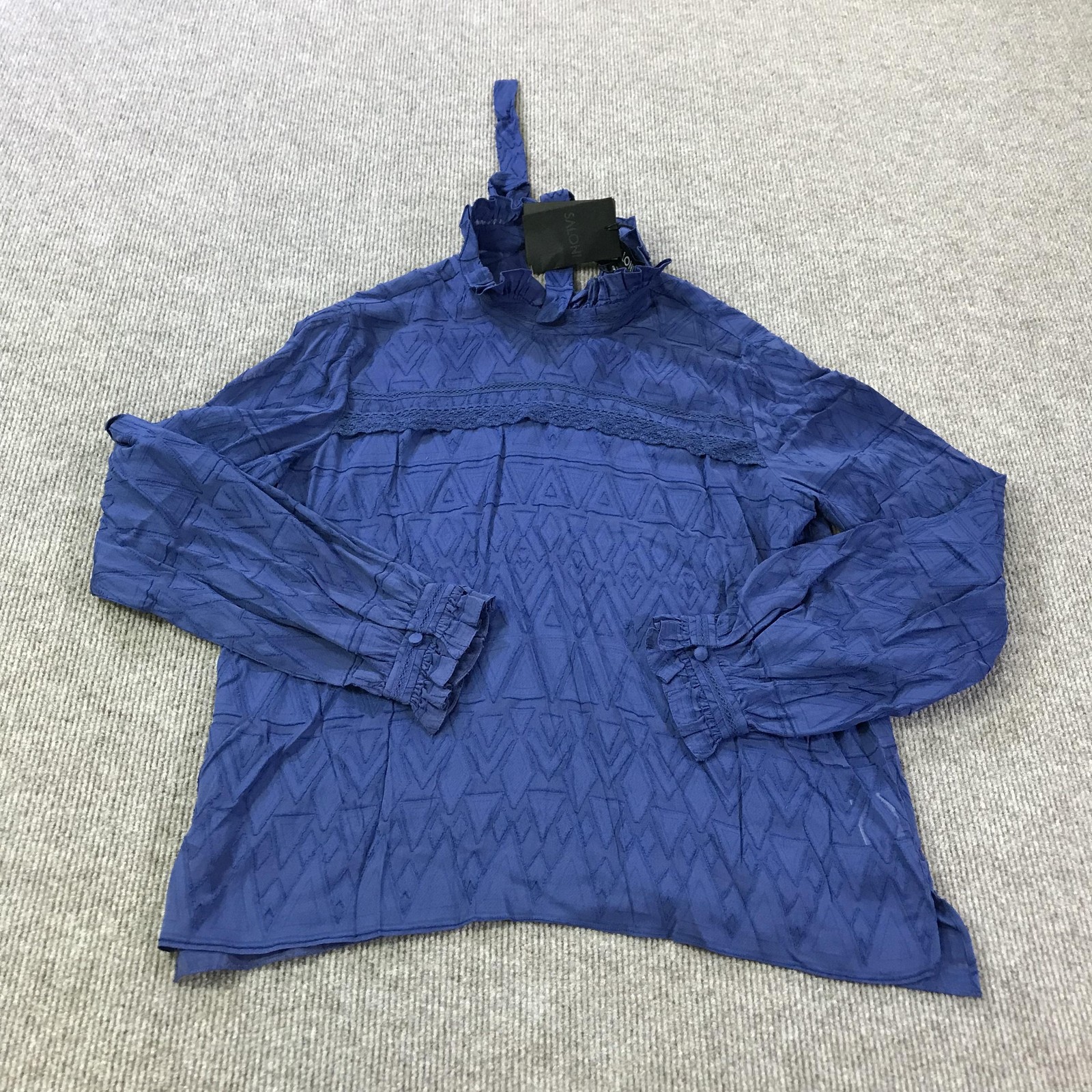 Saloni Emile-D Shirt Womens 10 Navy Satin Devore Silk Ruffle Top Blouse