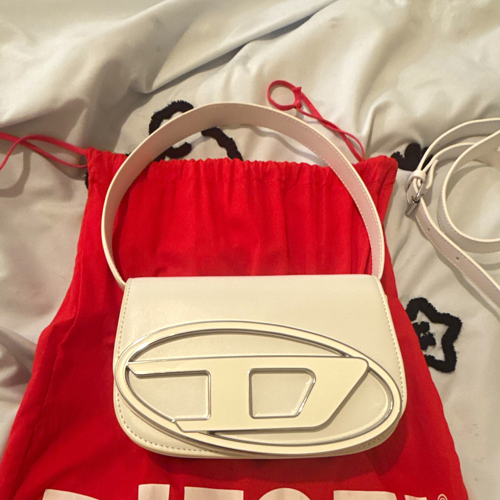 Diesel White Logo Flap Small Crossbody Top Handle Magnetic, Dust Bag