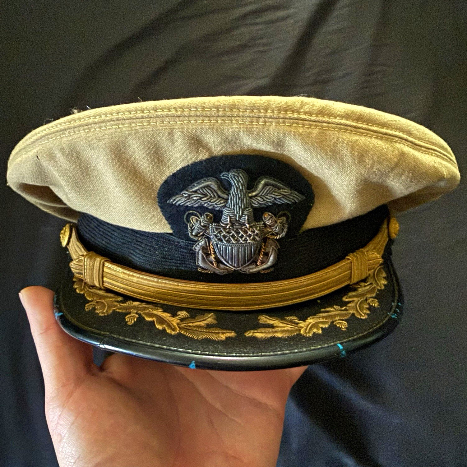 WWII-Era Carr Mears and Dawson US Navy Khaki Service Cap (Named Captain) WWII-Era Carr Mears and Dawson US Navy Khaki Service Cap (Named Captain)