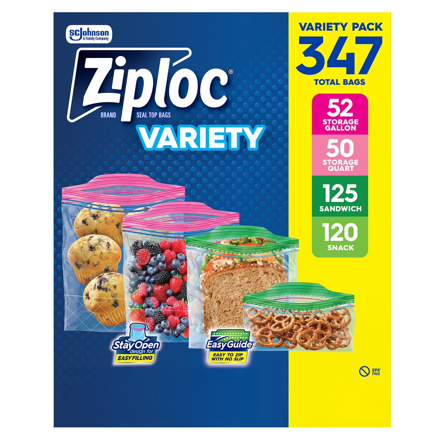 Ziploc Bags 52 Gallon, 50 Quart, 120 Snack, 125 Sandwich (347 Count)