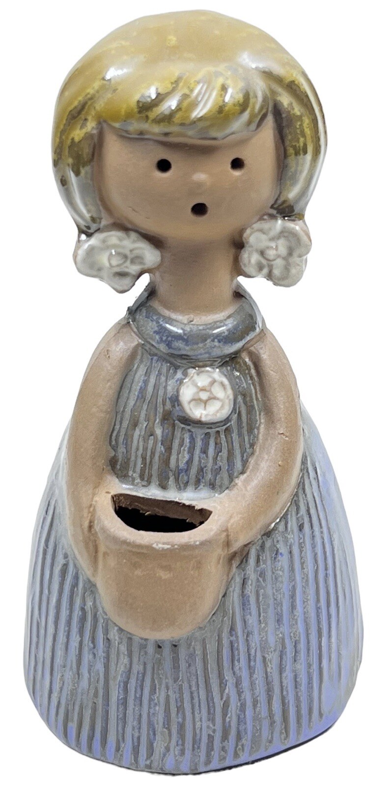 Vintage KIC Japan Redware Figurine Blonde Girl With Pot & Flower Earrings 4.5”