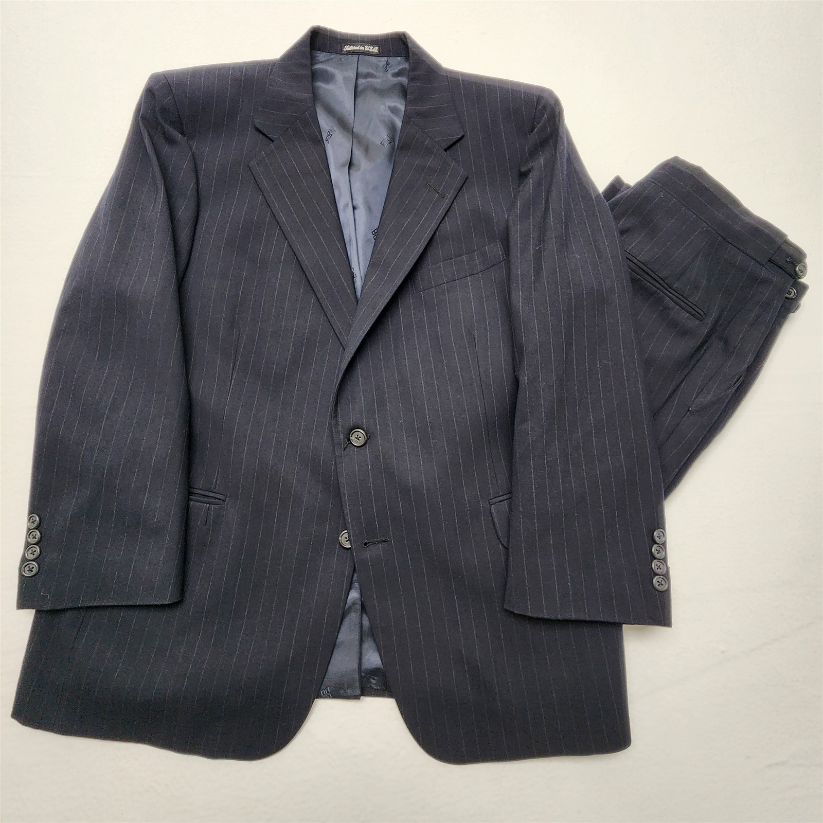 Vtg DAKS London 42S 34x28 Navy Pinstripe 100% Wool Hopsack Side Tab Pants Suit