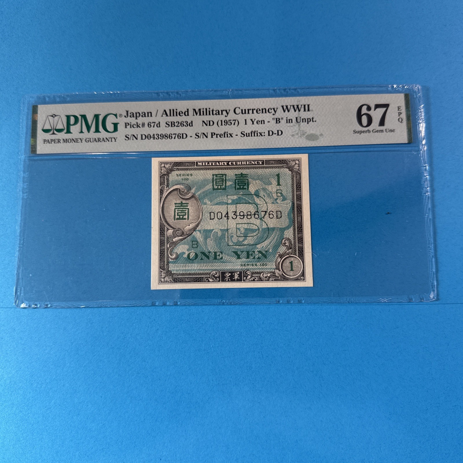 PMG Graded Japan/ Allied Military Currency WWII 1 Yen 1957 p67d Superb 67 EPQ