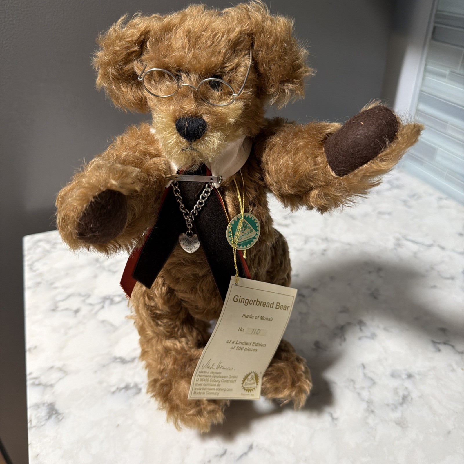 Vintage Hermann Germany Gingerbread Mohair Teddy Bear # 110/500 with Stand