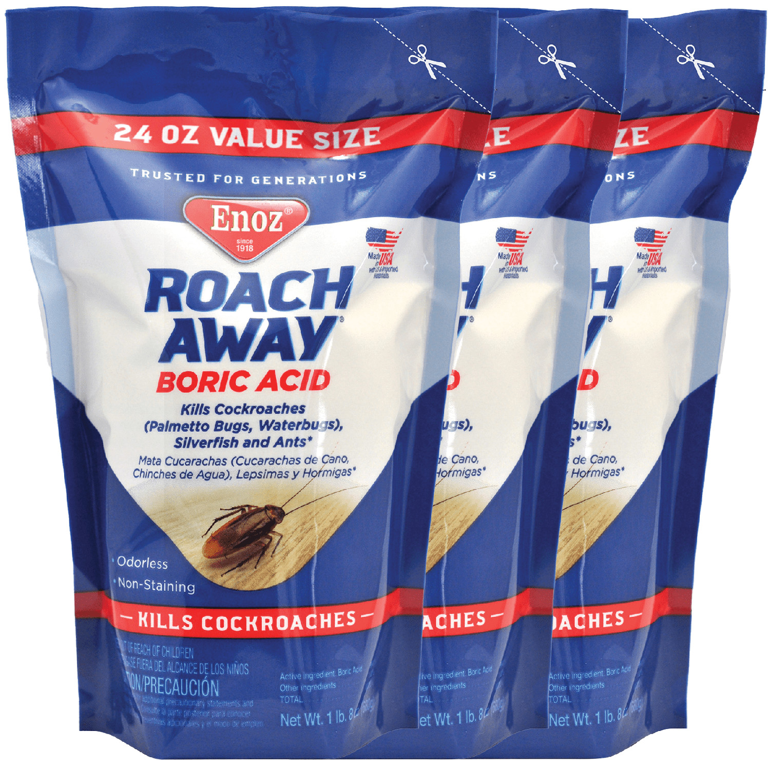 Enoz Roach Away Boric Acid Powder, Roach Killer, 24 oz Pouch, 3 Pack Enoz Roach Away Boric Acid Powder, Roach Killer, 24 oz Pouch, 3 Pack