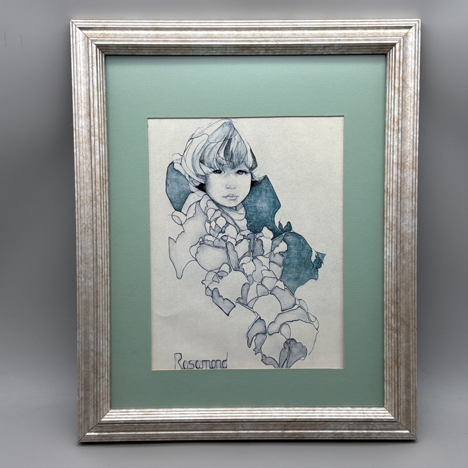 Vtg 1975 Christine Rosamond Stacy Lithograph Print Framed Anti Glare Glass Mat