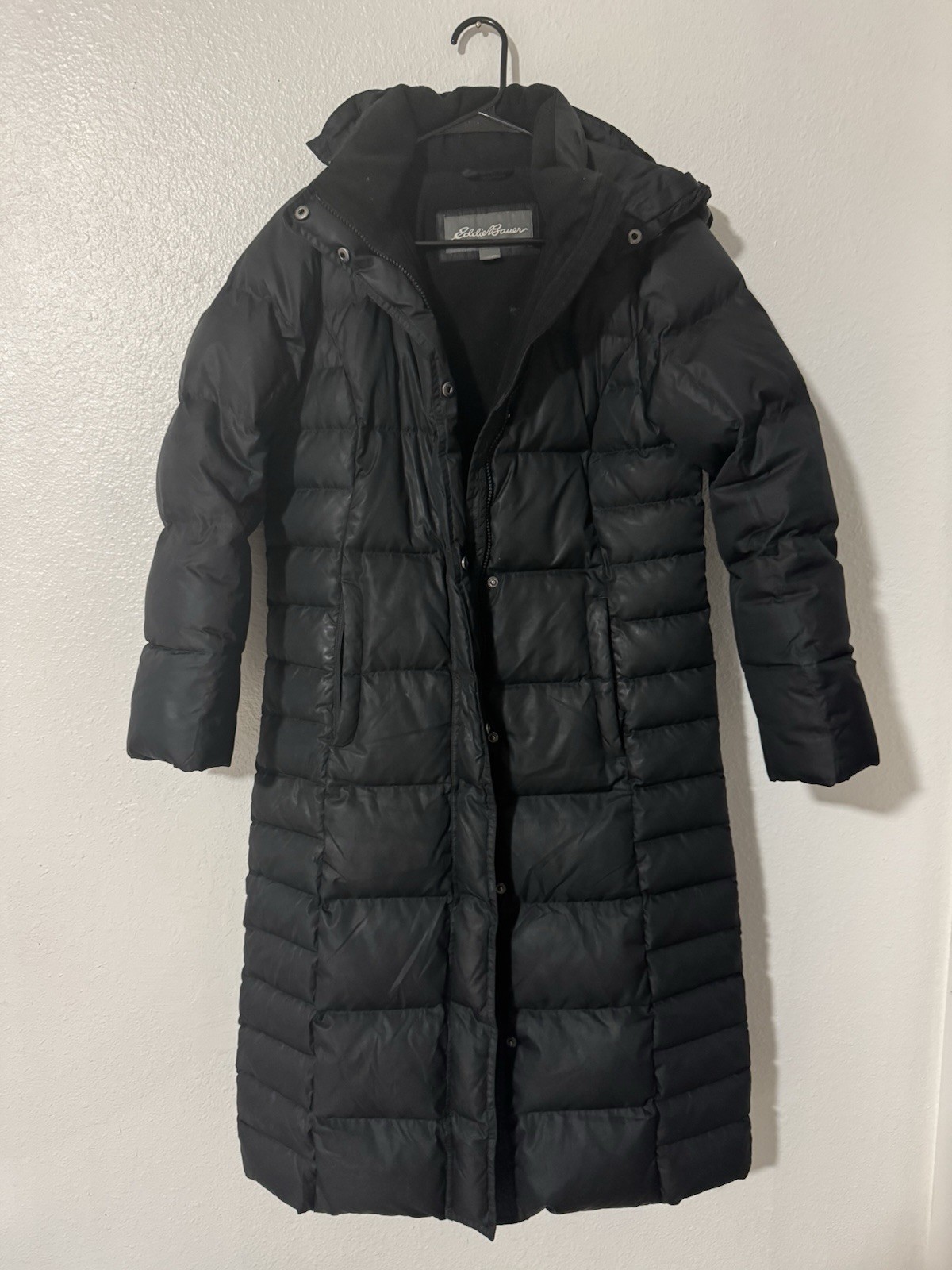 Eddie Bauer Women’s Petite PS Black Long Hooded Down Puffer Coat
