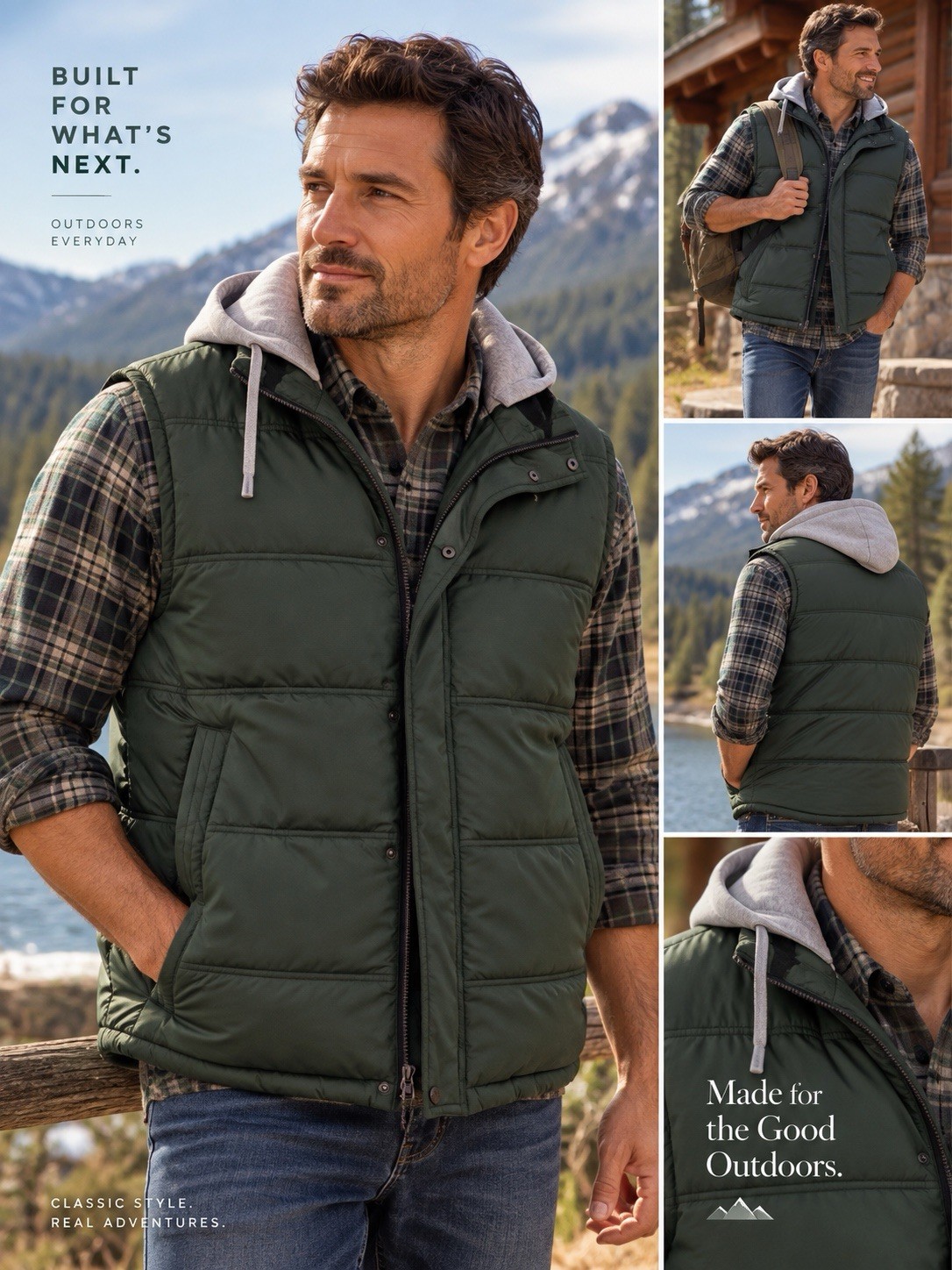 Chaps Men\'s Black Quilted Hooded Puffer Vest with Gray Drawstring Hood