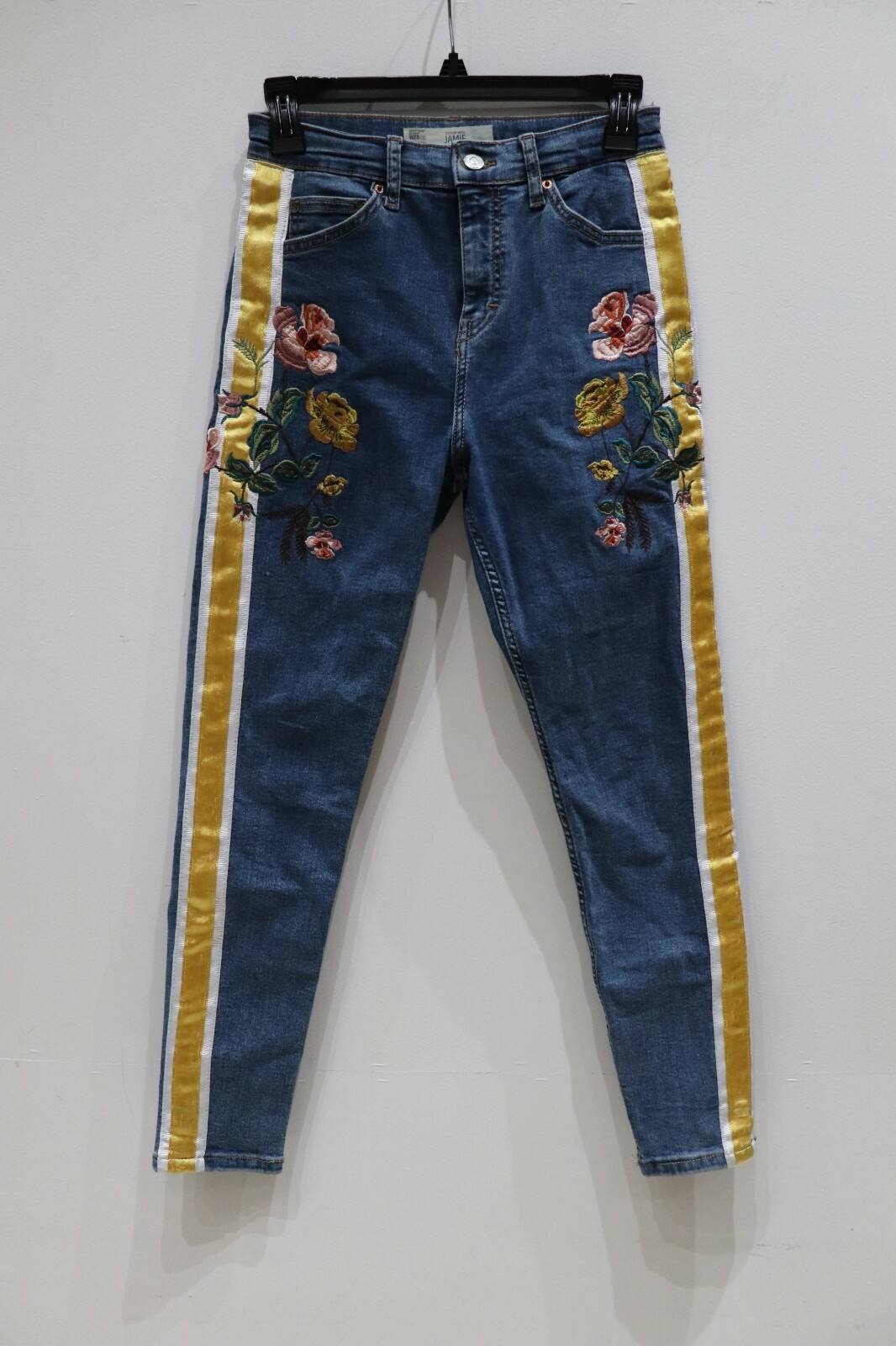 NWOT Topshop Women\'s Moto Jamie Floral patched jeans W25  02K60NMDT denim stripe