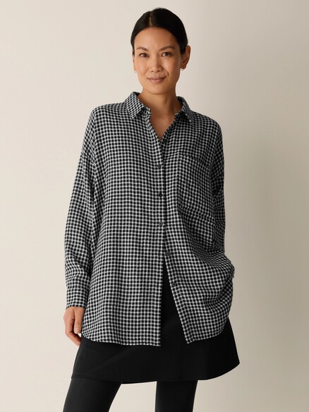 Eileen Fisher Wool Cotton Check Classic Collar Long Shirt, BLACK NEW WT Eileen Fisher Wool Cotton Check Classic Collar Long Shirt, BLACK NEW WT