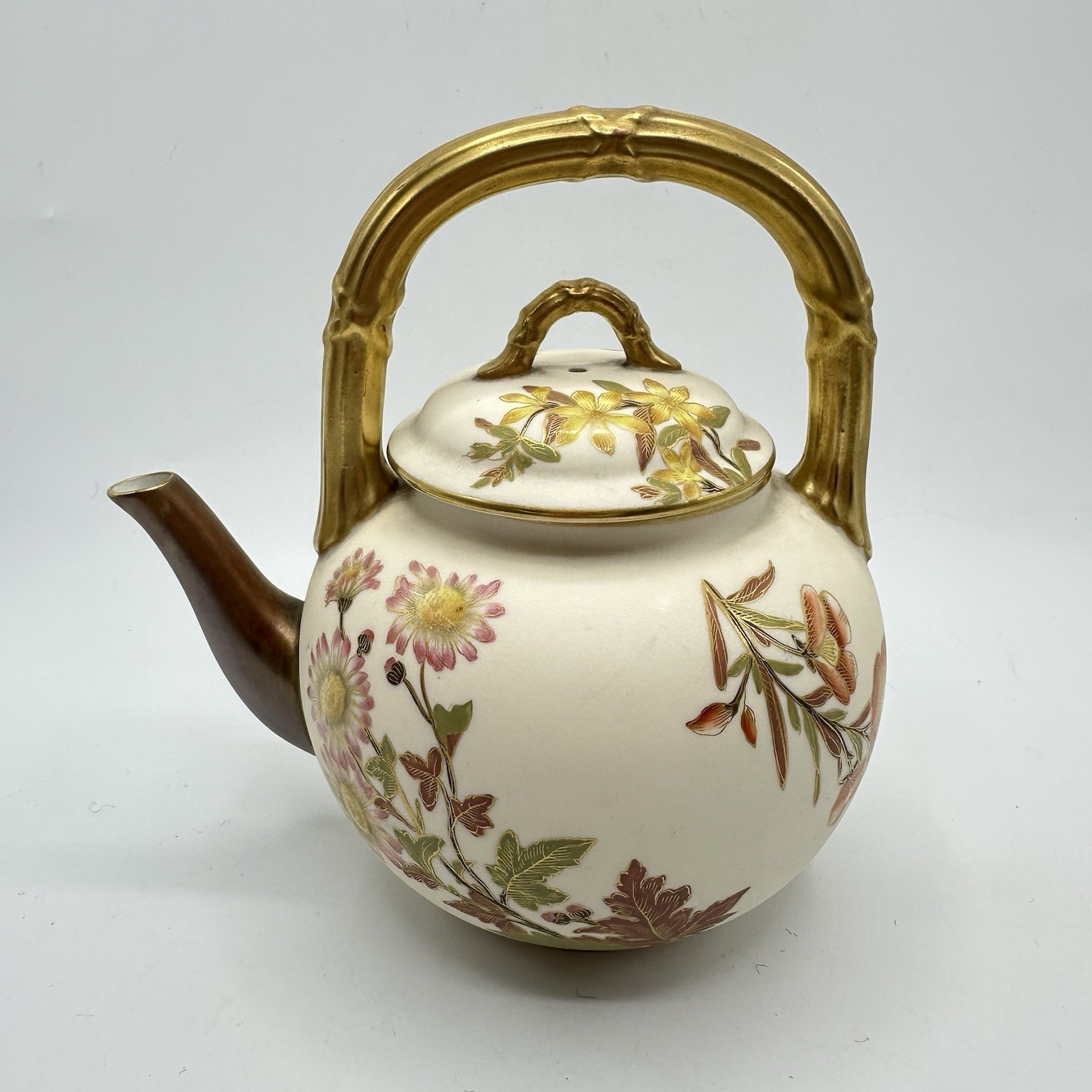 Antique Royal Worcester Blush Ivory Teapot W/2010 Gilt Bamboo Handle 1887 Antique Royal Worcester Blush Ivory Teapot W/2010 Gilt Bamboo Handle 1887