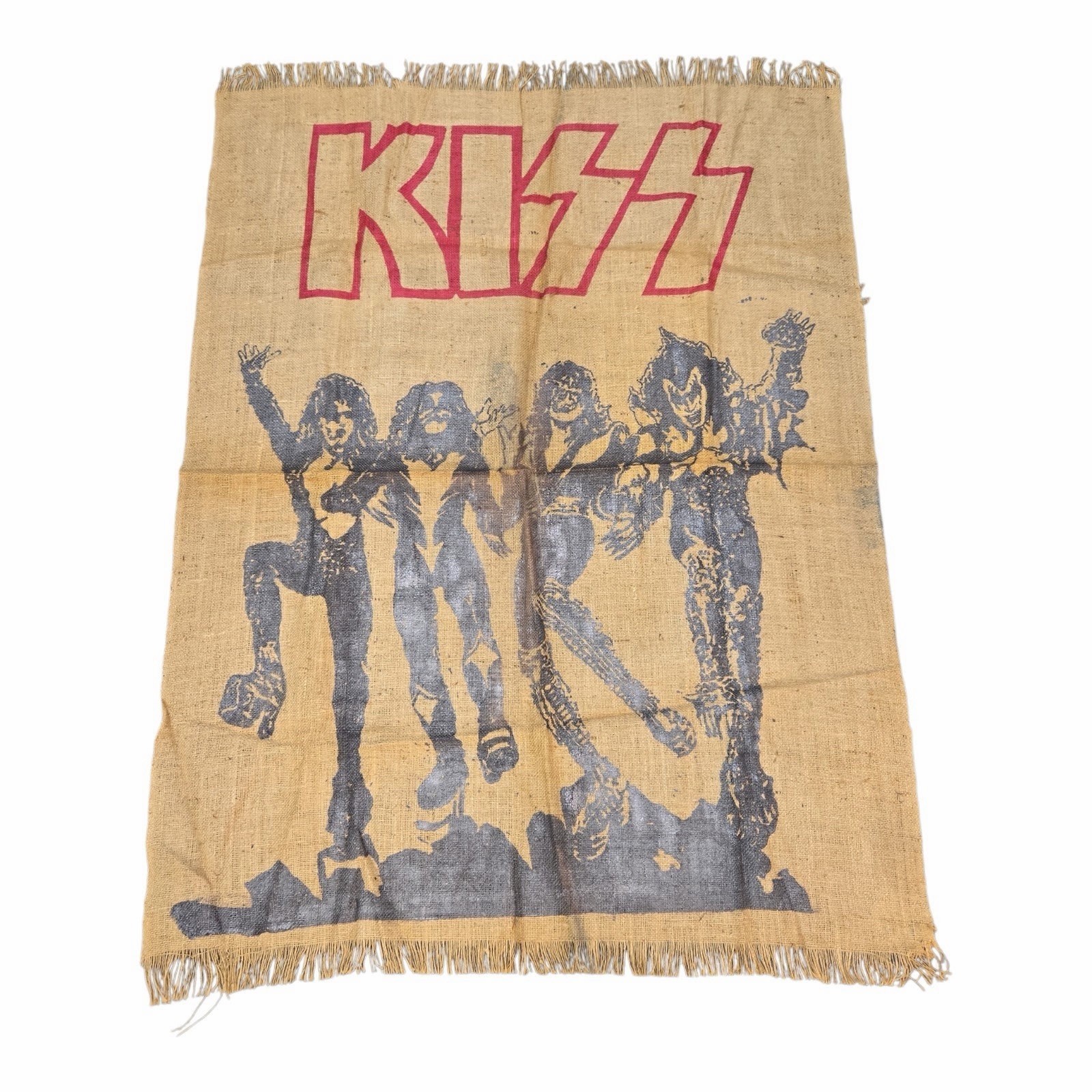 Vintage 1970s KISS Rock Band Burlap Tapestry Wall Hanging Banner Flag Huge 54x39