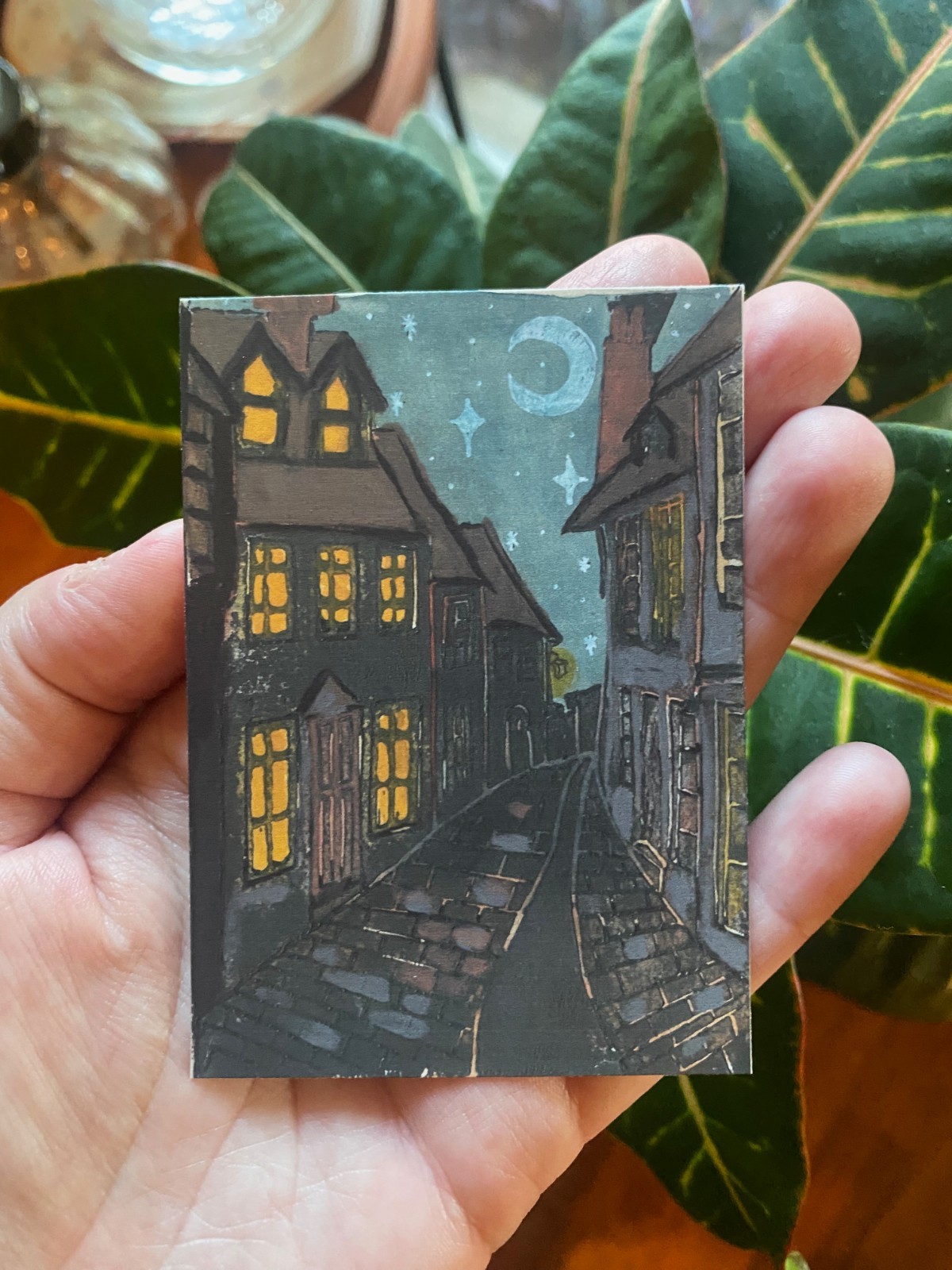 ACEO Village at Night Mixed Media Original Art PRINT ACEO Village at Night Mixed Media Original Art PRINT