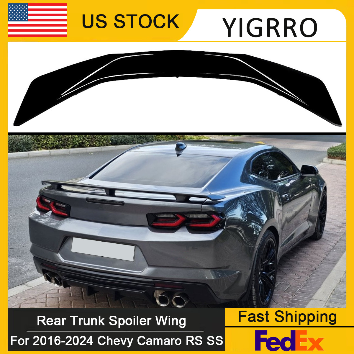 For 2016-2024 Chevy Camaro RS SS ZL1 Rear Trunk Spoiler Lip Wing ABS Gloss Black