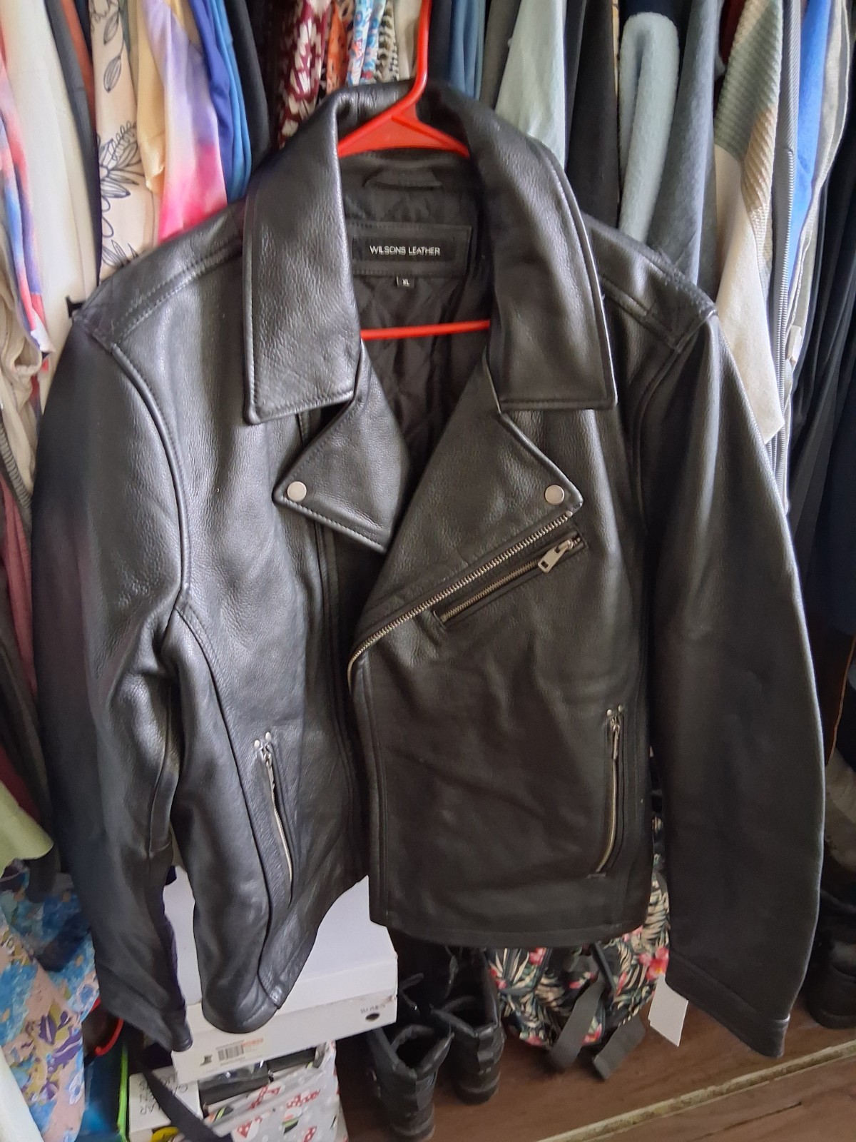 Wilsons Leather Men\'s Black Leather Biker Jacket XL Lined Pockets Zip