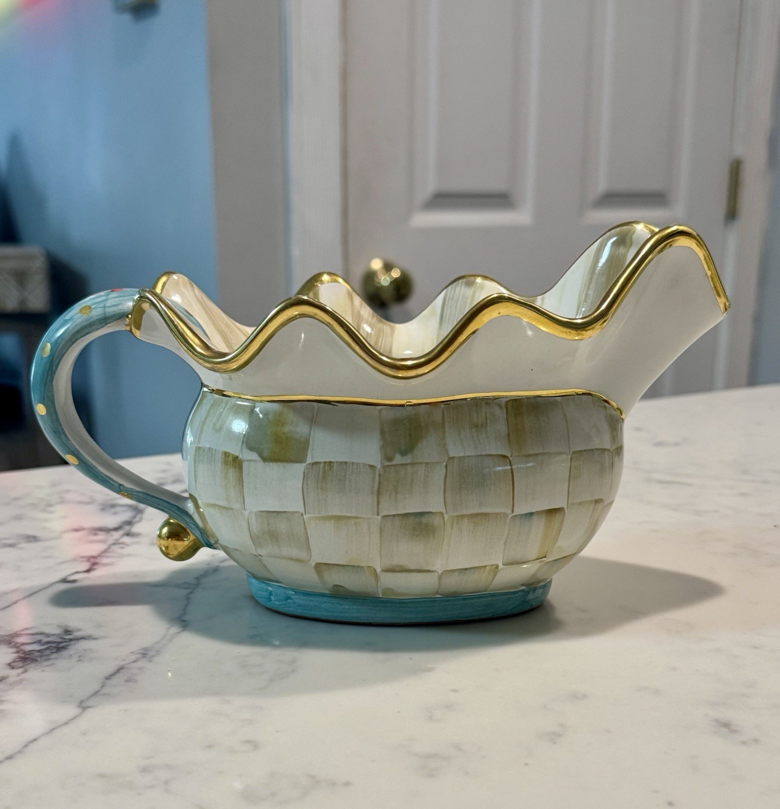 MacKenzie Childs Parchment Check Ceramic Sauce Boat Gravy RARE Fluted Pristine