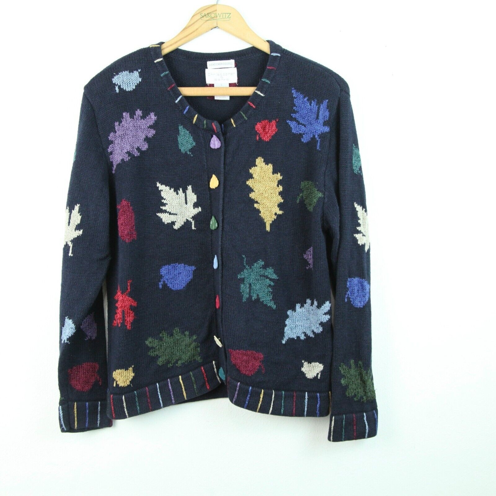 Vintage 90s Quirky Cardigan Novelty Leaf Artsy Cozy Cottagecore Embroidered S