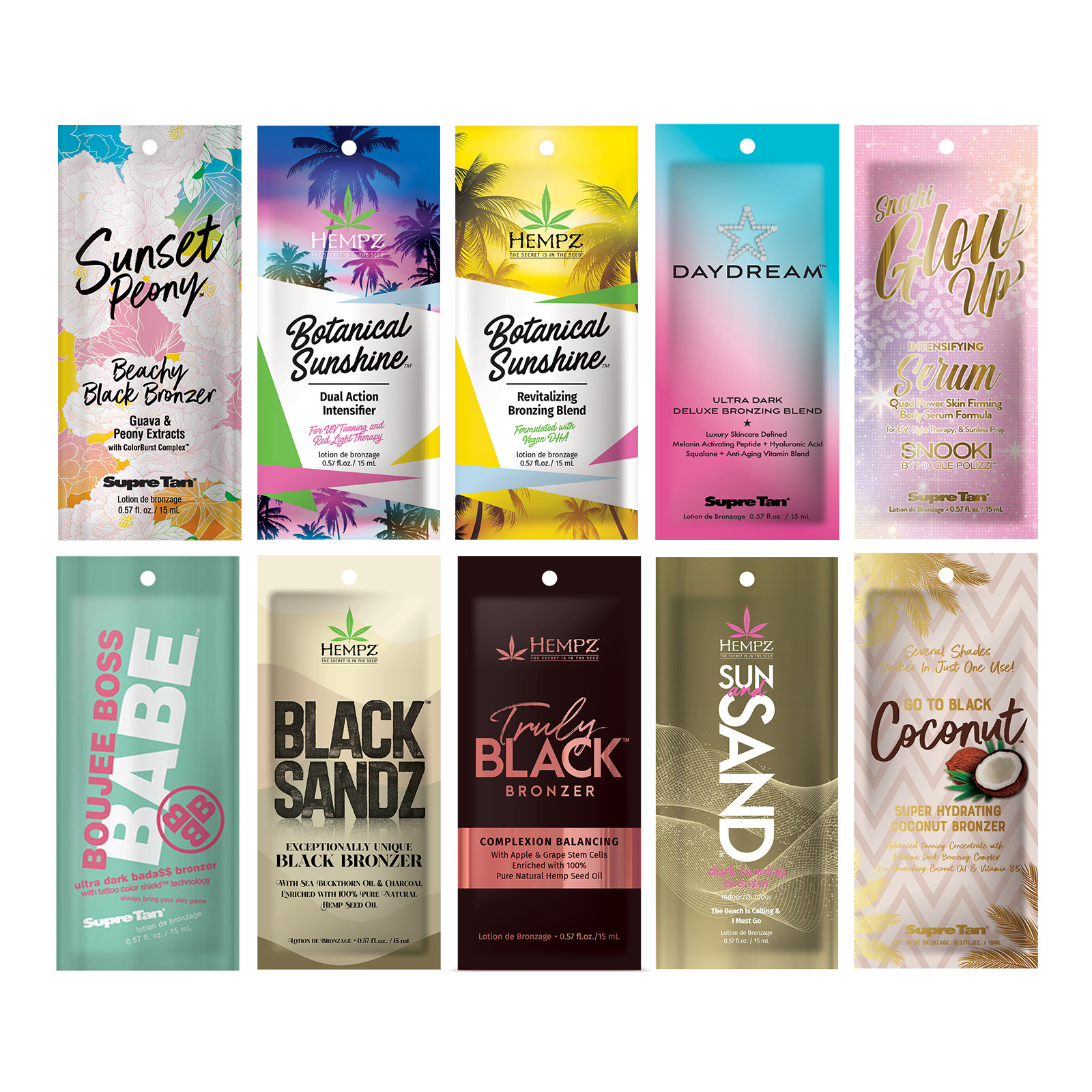 10 Different Tanning Lotion Sample Packets - Premium Maximizers & Bronzers