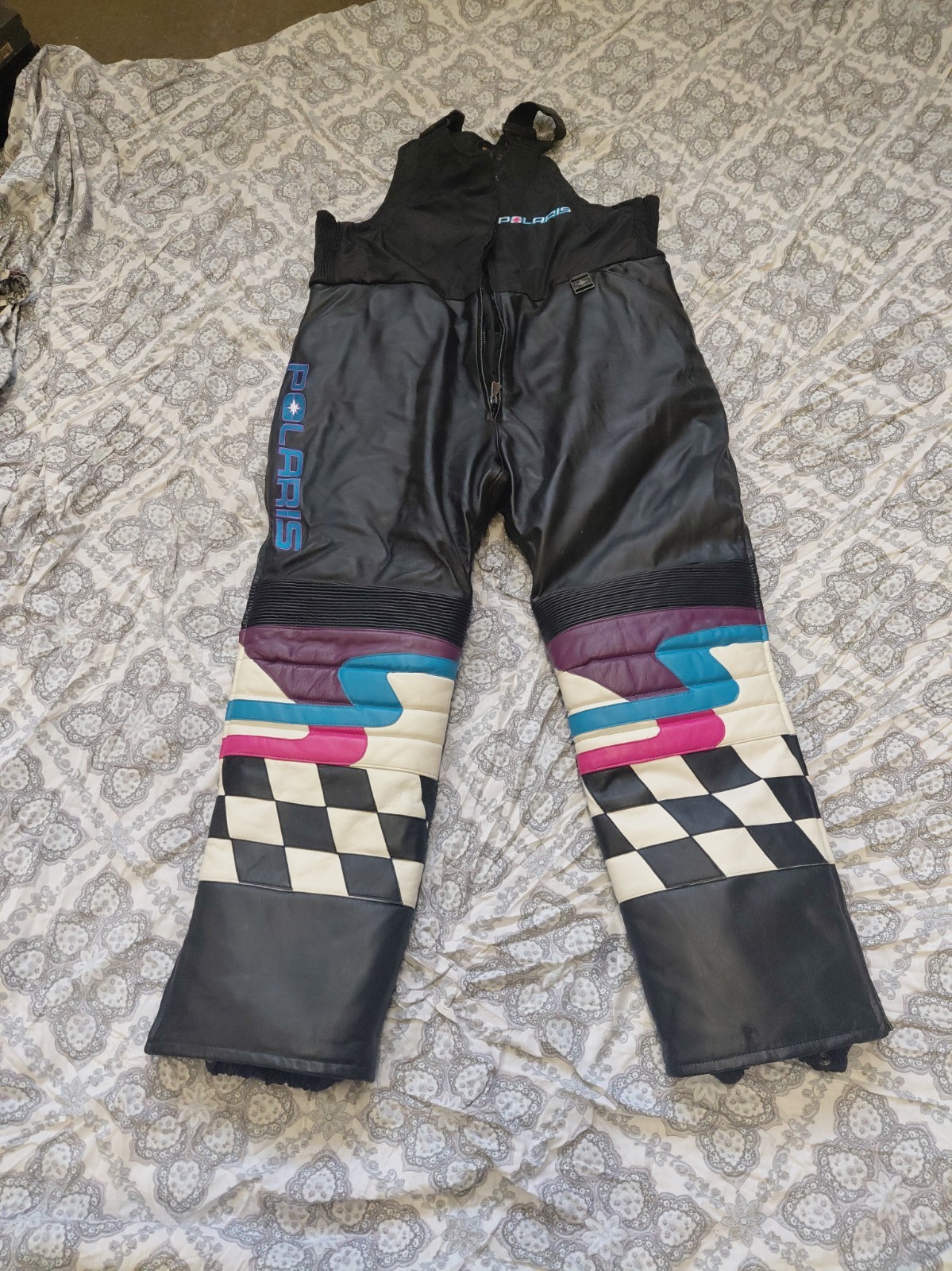 VINTAGE POLARIS INDY STYLE LEATHER SOWMOBILE BIBS XXL 2XL 1990\'S